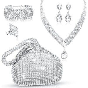 Silver Clutch Purse & Jewelry Set Rhinestone Women Evening Party Wedding